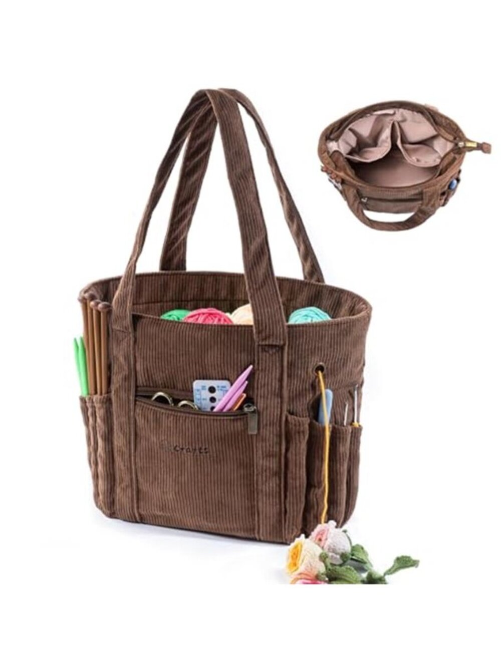 Corduroy Crochet Bag Yarn Tote Knitting Storage Organizer Hooks Accessories